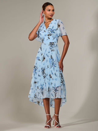 Angel Sleeve Pleated Chiffon Maxi Dress, Blue Multi