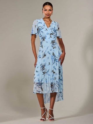 Angel Sleeve Pleated Chiffon Maxi Dress, Blue Multi