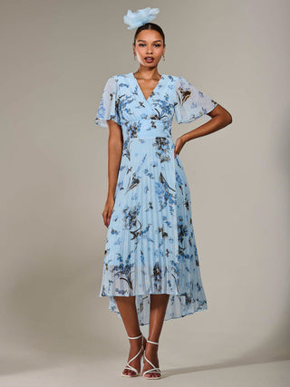 Angel Sleeve Pleated Chiffon Maxi Dress, Blue Multi