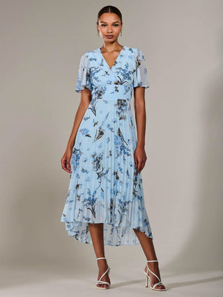 Angel Sleeve Pleated Chiffon Maxi Dress, Blue Multi