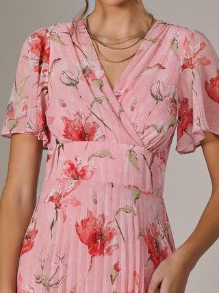 Angel Sleeve Pleated Chiffon Maxi Dress, Coral Pink