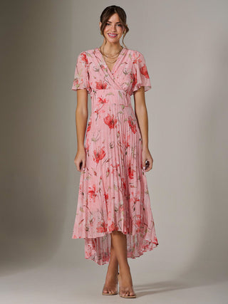 Angel Sleeve Pleated Chiffon Maxi Dress, Coral Pink