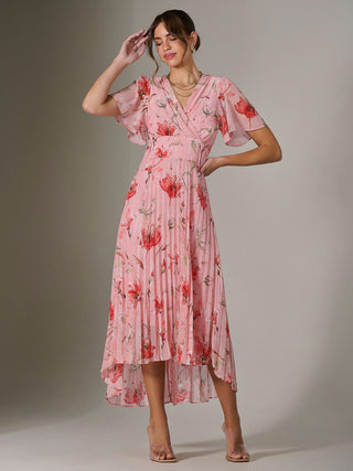 Angel Sleeve Pleated Chiffon Maxi Dress, Coral Pink