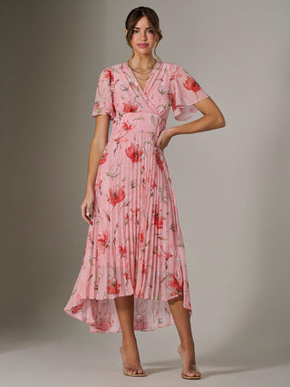 Angel Sleeve Pleated Chiffon Maxi Dress, Coral Pink