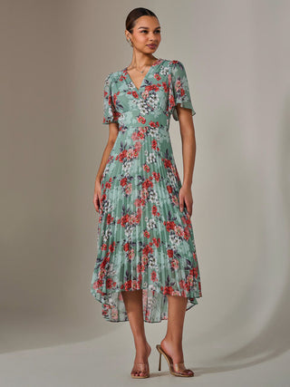 Angel Sleeve Pleated Chiffon Maxi Dress, Green Floral