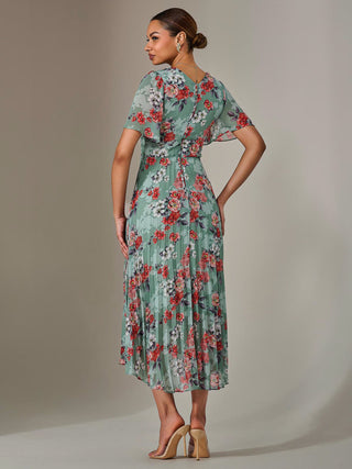 Angel Sleeve Pleated Chiffon Maxi Dress, Green Floral