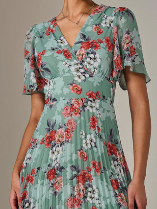 Angel Sleeve Pleated Chiffon Maxi Dress, Green Floral