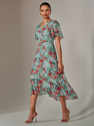 Angel Sleeve Pleated Chiffon Maxi Dress, Green Floral