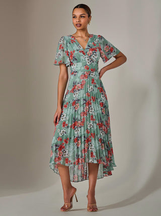 Angel Sleeve Pleated Chiffon Maxi Dress, Green Floral