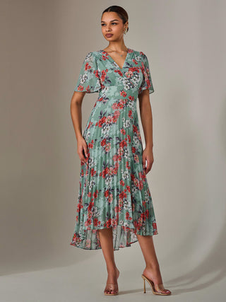 Angel Sleeve Pleated Chiffon Maxi Dress, Green Floral