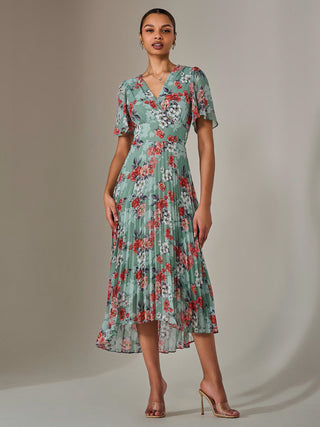 Angel Sleeve Pleated Chiffon Maxi Dress, Green Floral