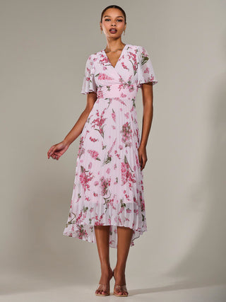 Angel Sleeve Pleated Chiffon Maxi Dress, Pink Floral