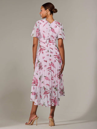 Angel Sleeve Pleated Chiffon Maxi Dress, Pink Floral