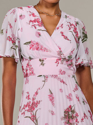 Angel Sleeve Pleated Chiffon Maxi Dress, Pink Floral