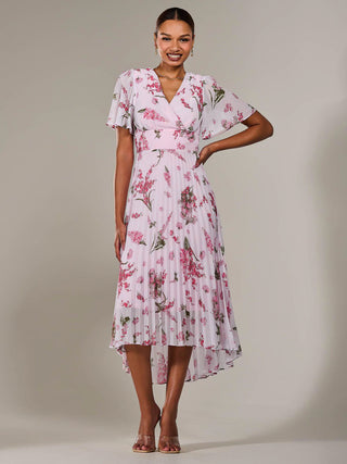 Angel Sleeve Pleated Chiffon Maxi Dress, Pink Floral