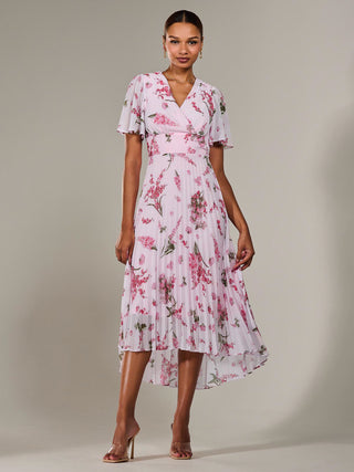 Angel Sleeve Pleated Chiffon Maxi Dress, Pink Floral