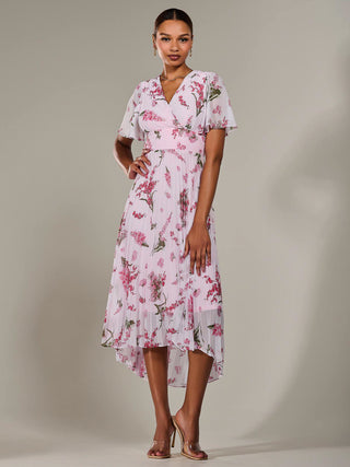 Angel Sleeve Pleated Chiffon Maxi Dress, Pink Floral