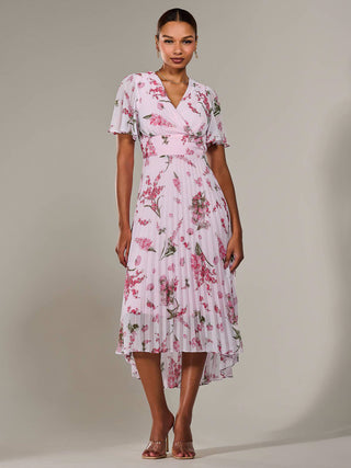 Angel Sleeve Pleated Chiffon Maxi Dress, Pink Floral