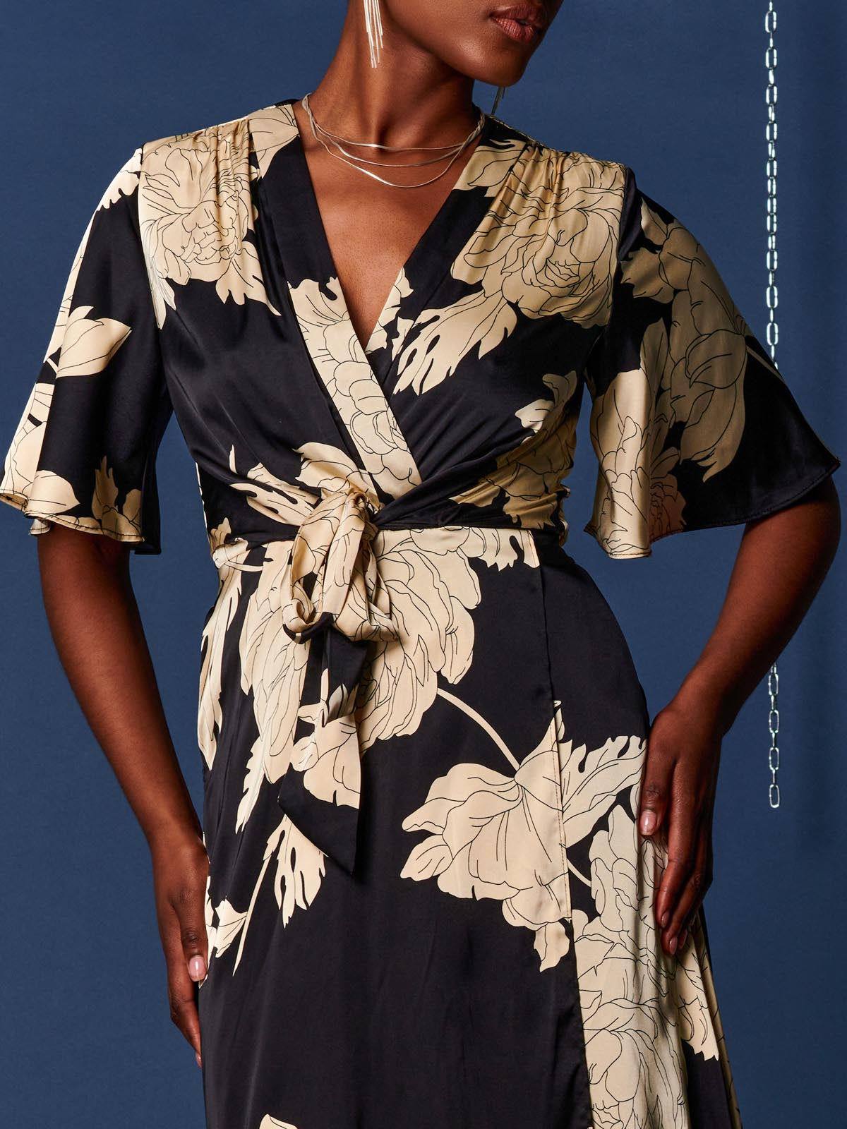 Willow Satin Wrap Tie Waist Dress, Black/White