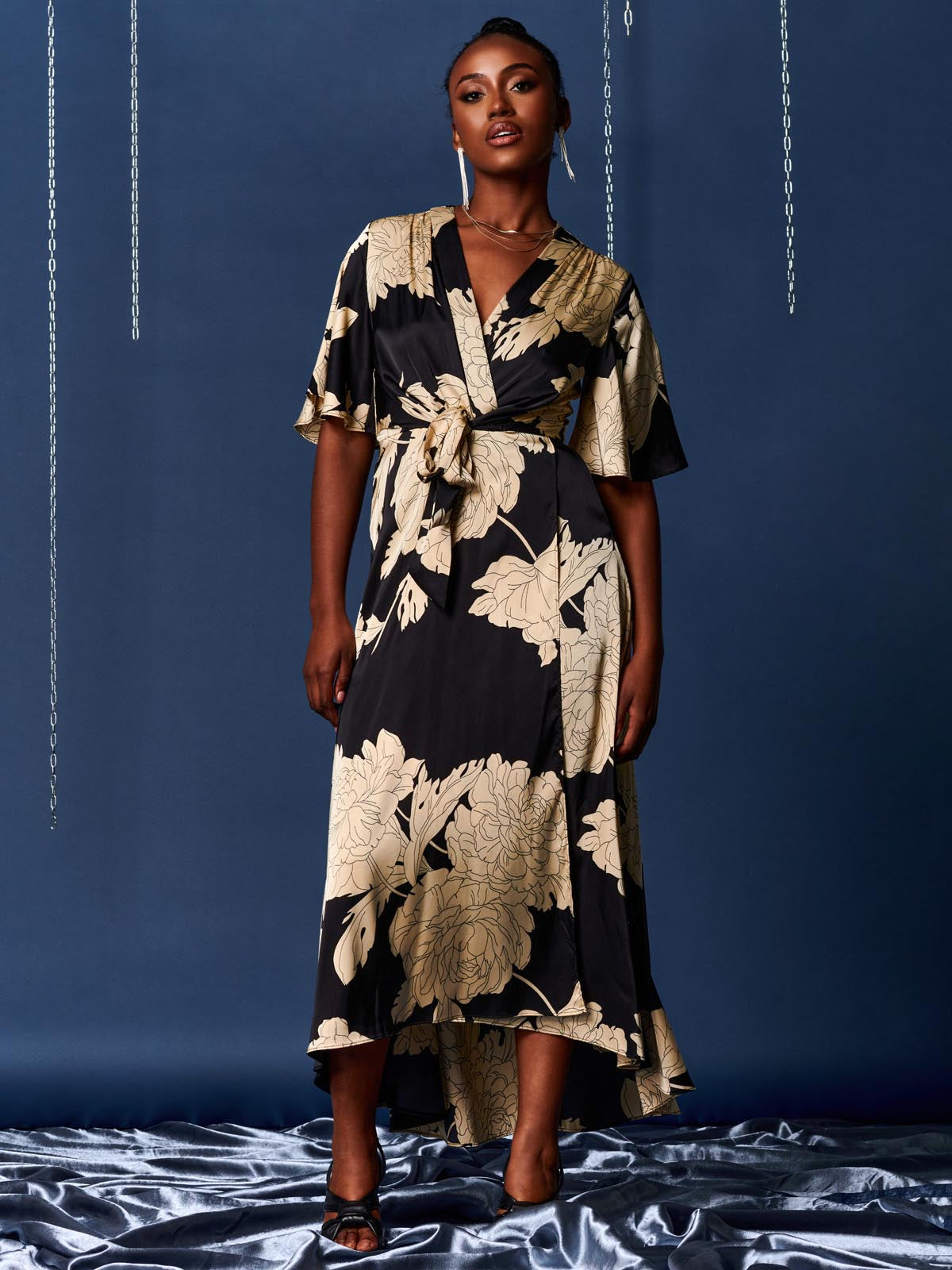 Willow Satin Wrap Tie Waist Dress, Black/White