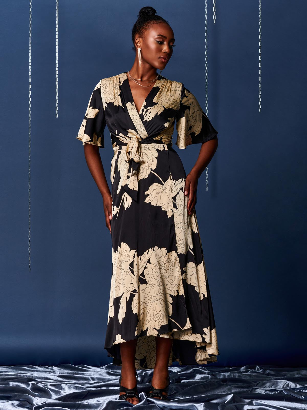Willow Satin Wrap Tie Waist Dress, Black/White