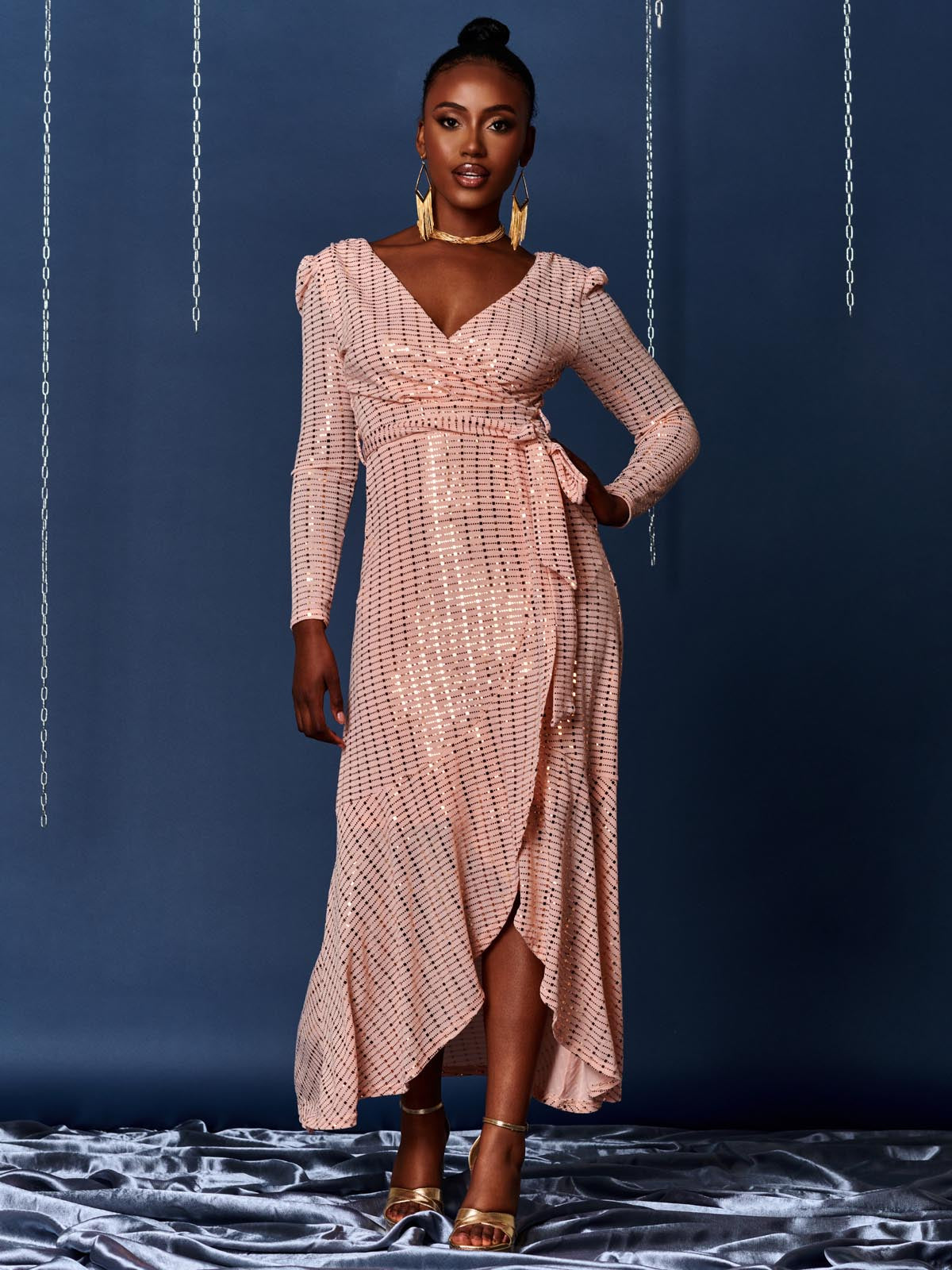 Sparkly Glitter Wrap Flare Maxi Dress, Dusty Pink