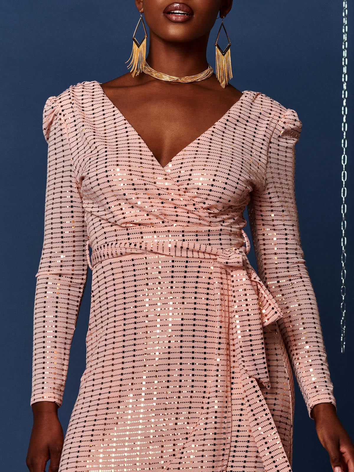 Sparkly Glitter Wrap Flare Maxi Dress, Dusty Pink