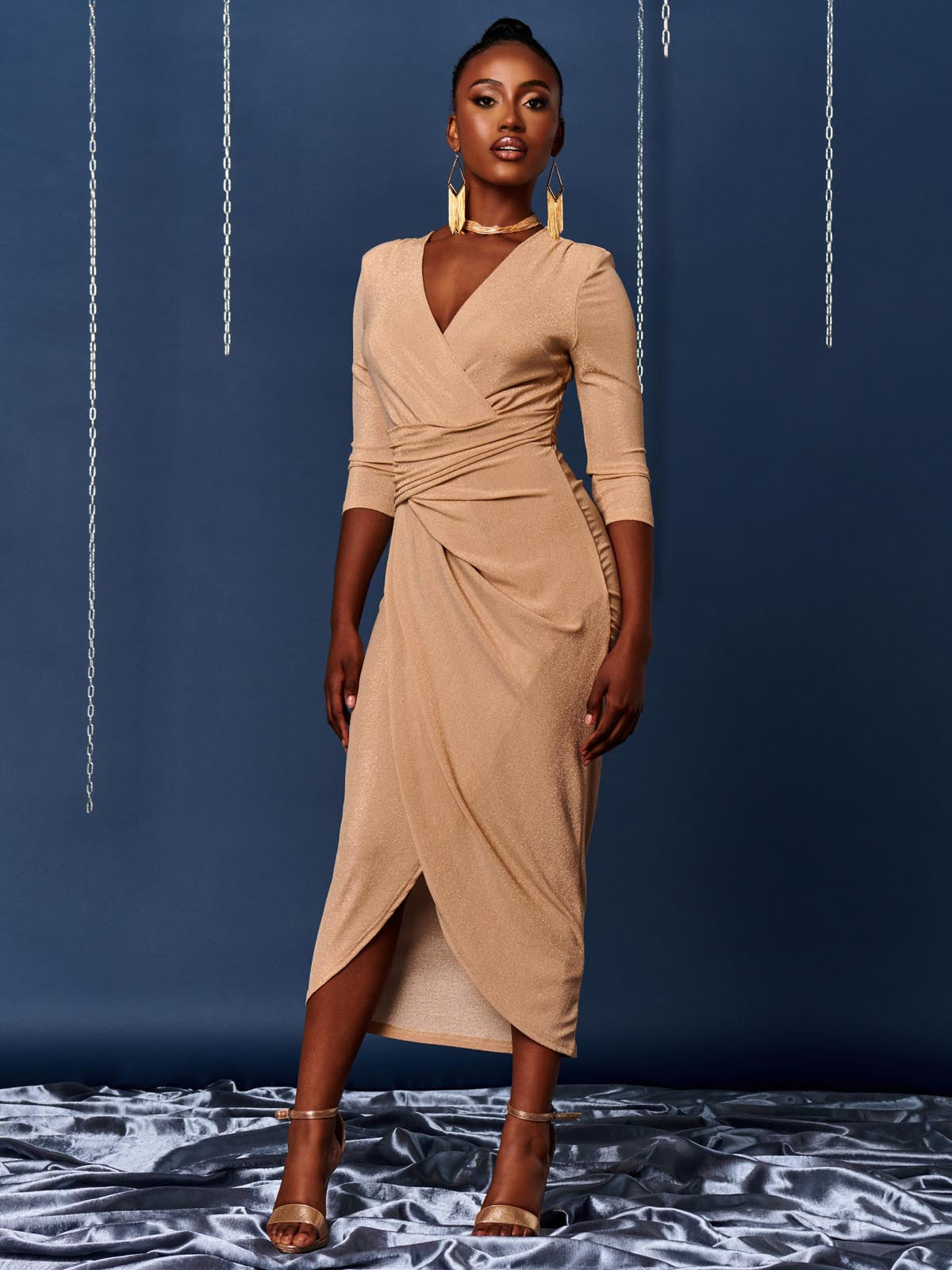 Wrap Sparkly Maxi Bodycon Dress, Nude