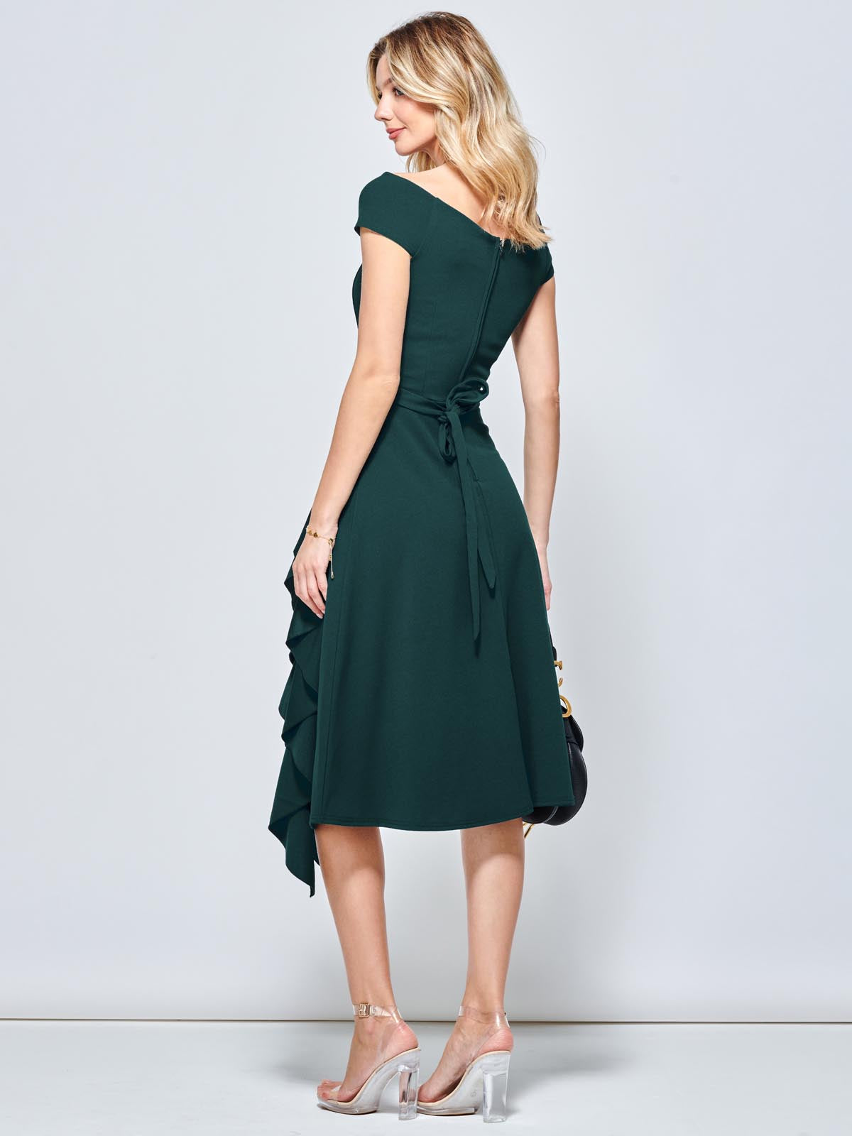 Off Shoulder Frill Ponte Midi Dress, Forest Green