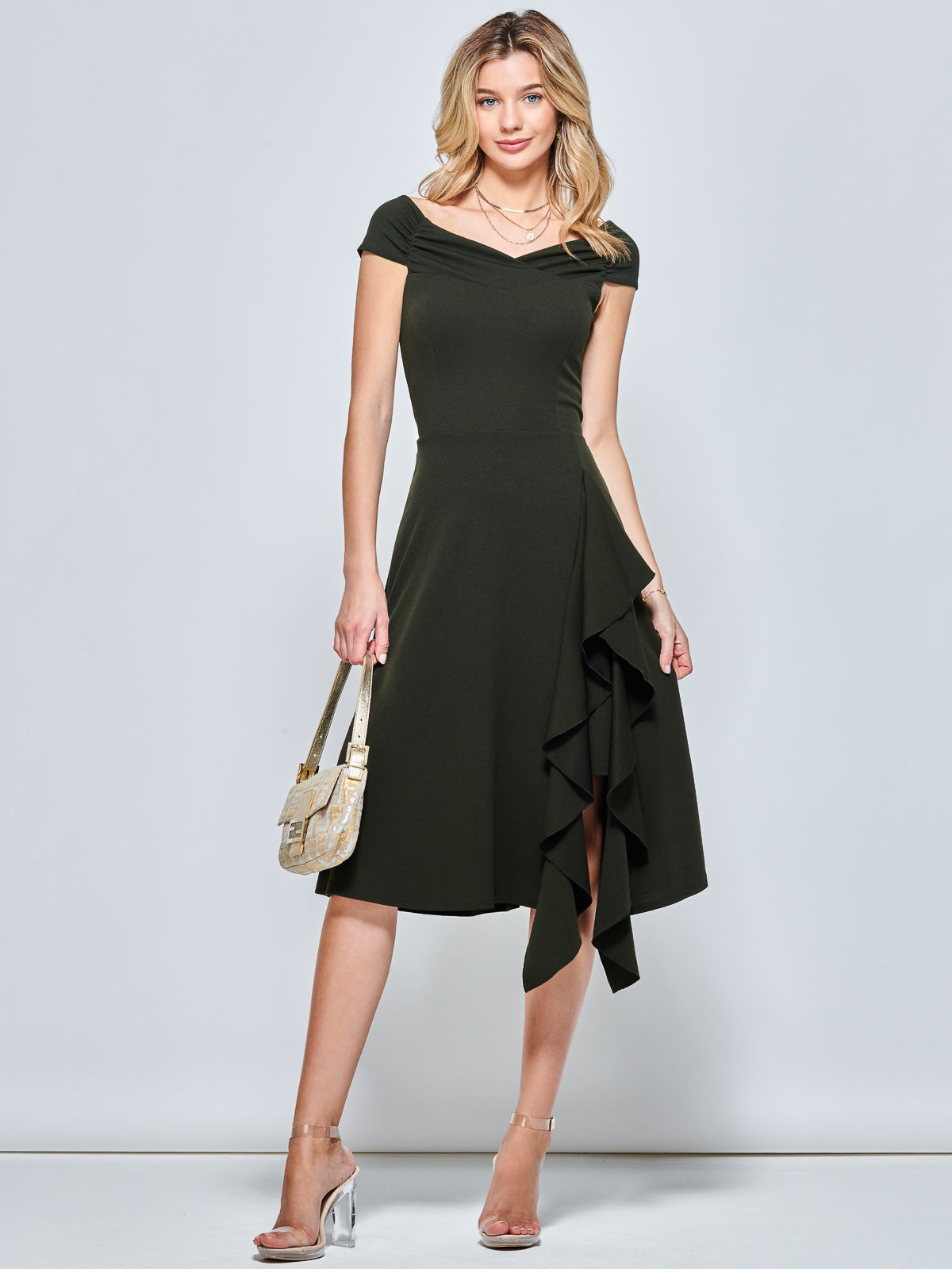 Off Shoulder Frill Ponte Midi Dress, Solider Green