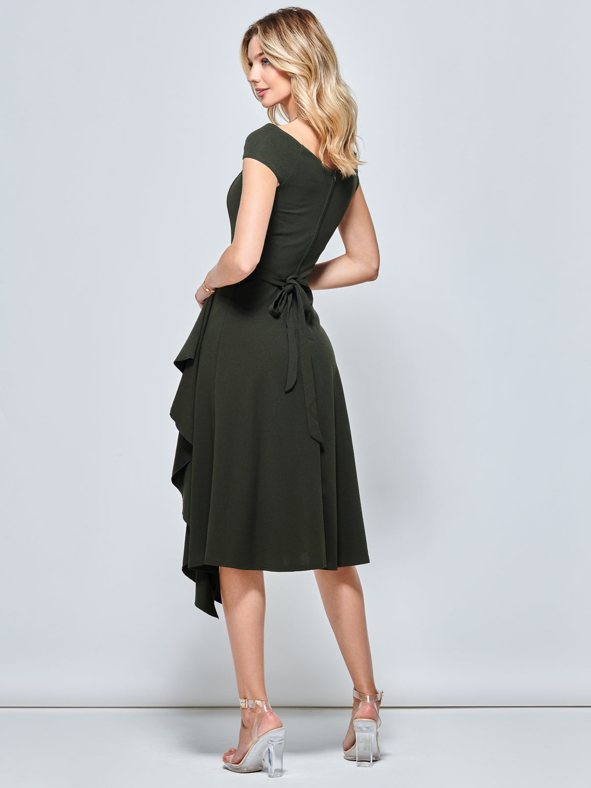 Off Shoulder Frill Ponte Midi Dress, Solider Green