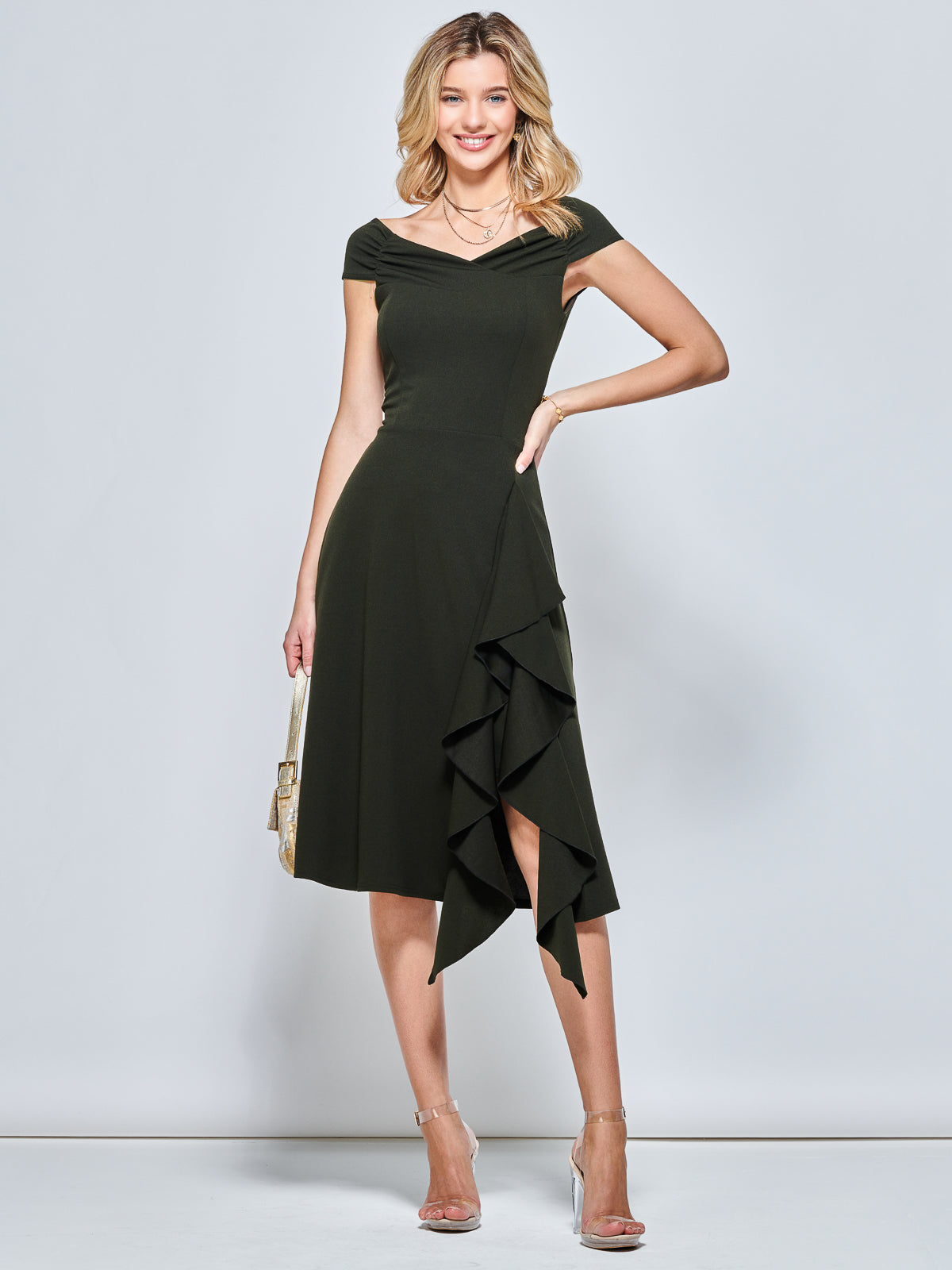 Off Shoulder Frill Ponte Midi Dress, Solider Green