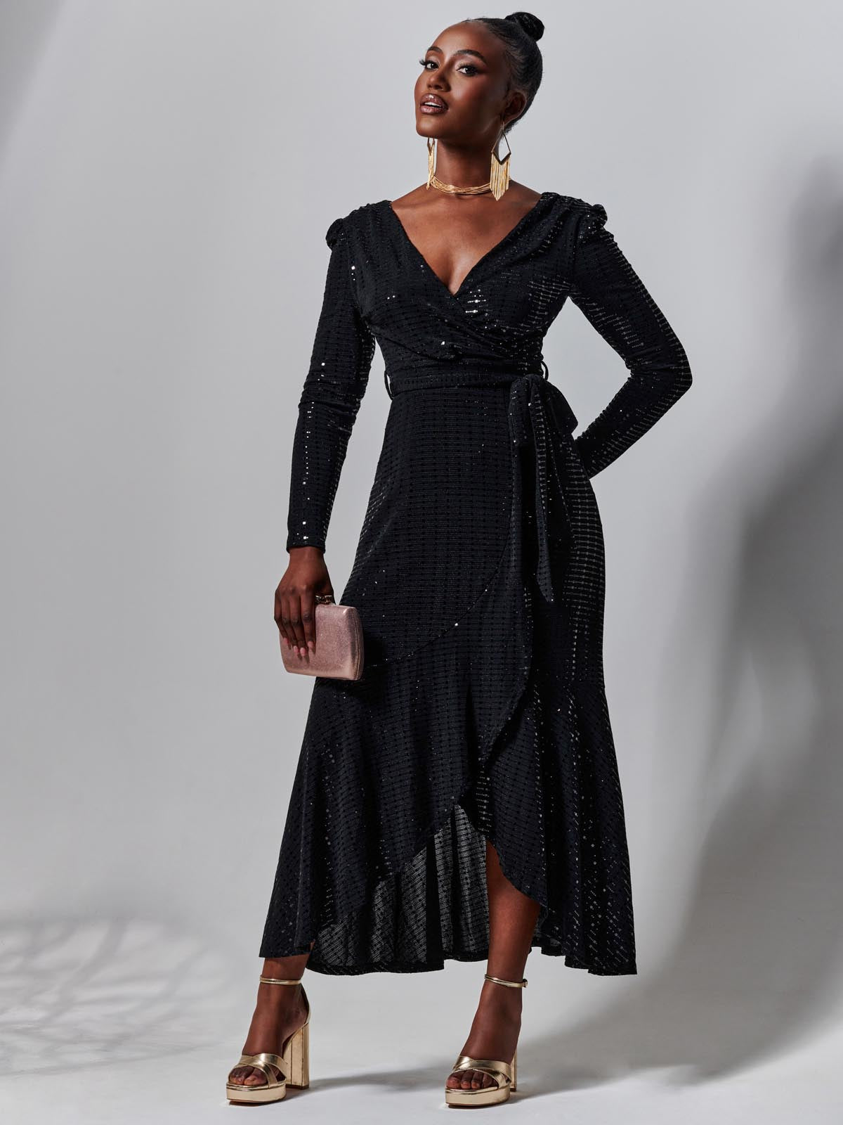Sparkly Wrap Frill Hem Maxi Dress, Black