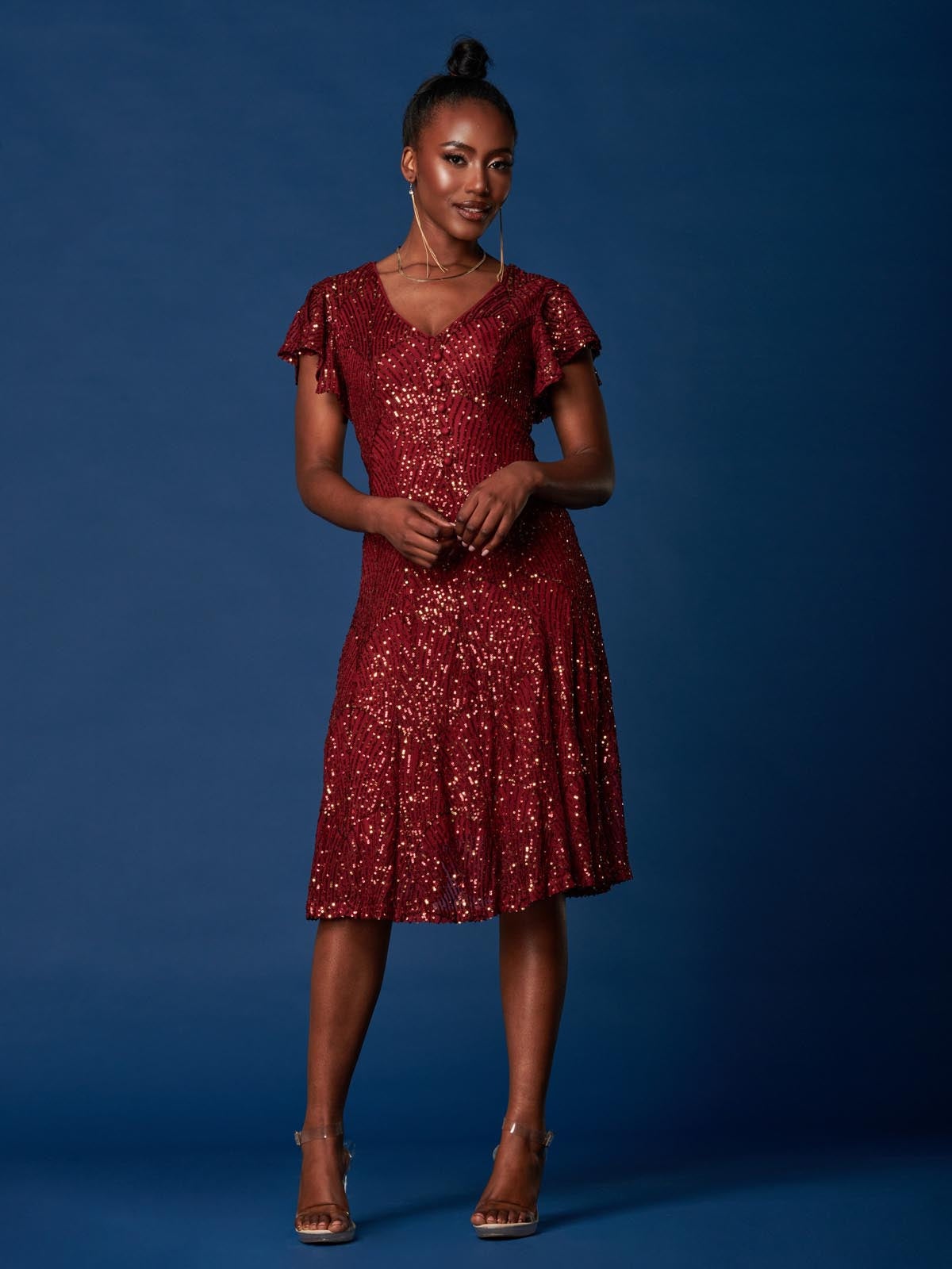 Sequin Fit & Flare Midi Dress, Burgundy Multi