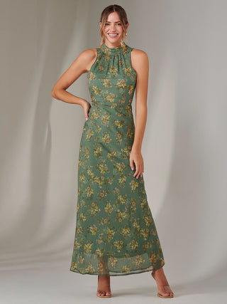 Chiffon Maxi Dress, Green Floral