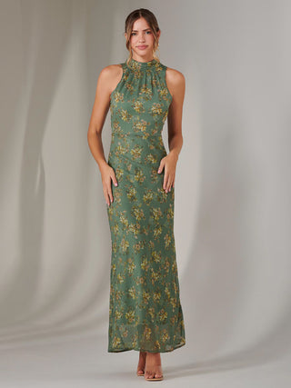 Chiffon Maxi Dress, Green Floral