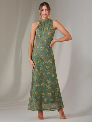 Chiffon Maxi Dress, Green Floral