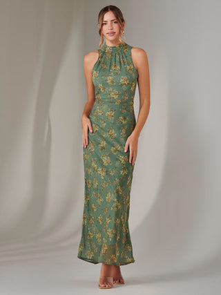 Chiffon Maxi Dress, Green Floral