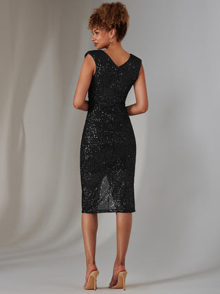 Deja Sequin Midi Dress With Slit, Black