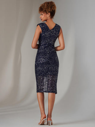 Deja Sequin Midi Dress With Slit, Navy Silver
