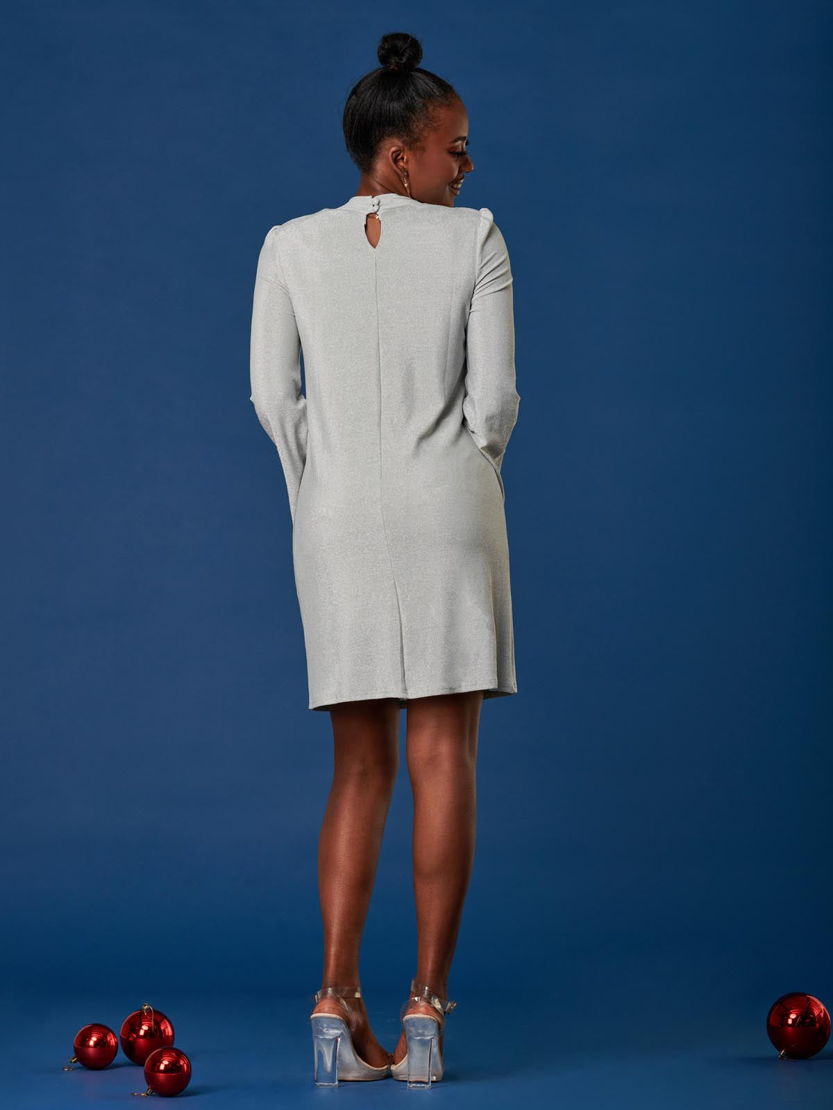 Metallic Keyhole Detail Tunic Dress, Silver