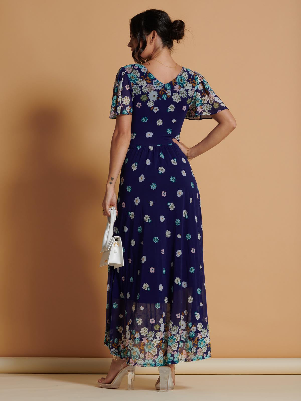 Mirrored Angel Sleeve Mesh Maxi Dress, Blue Floral