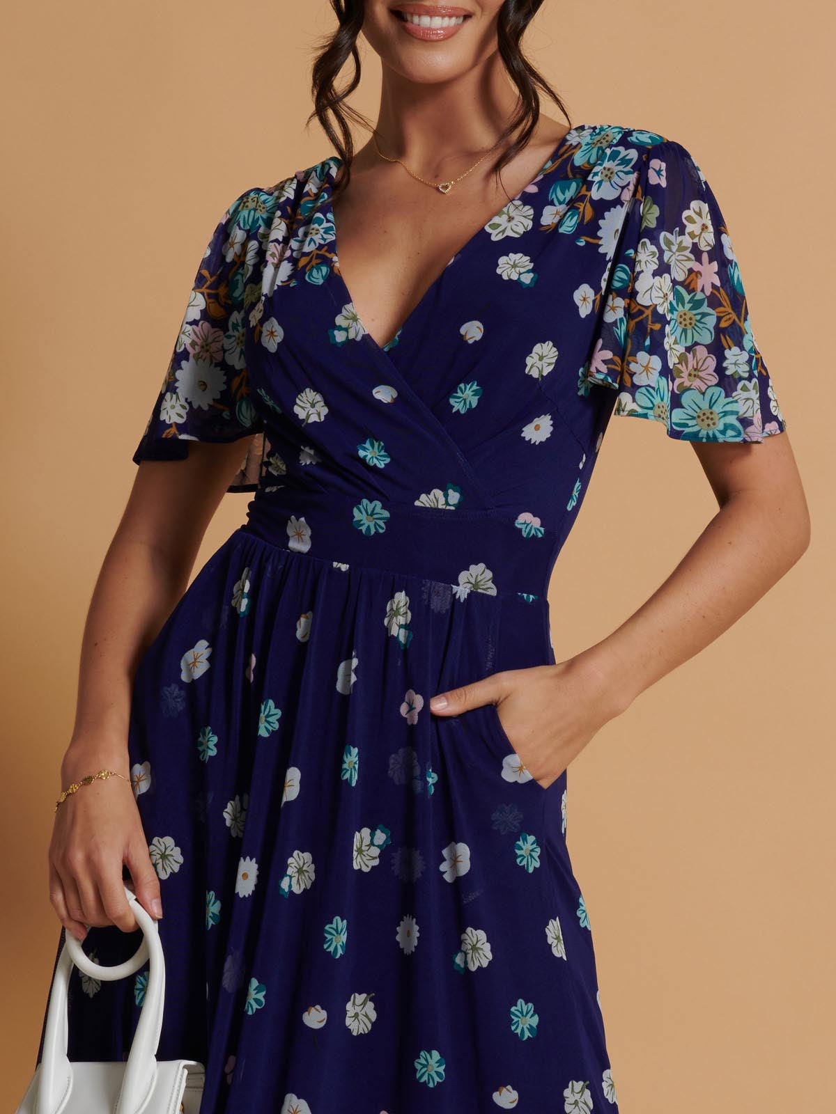 Mirrored Angel Sleeve Mesh Maxi Dress, Blue Floral
