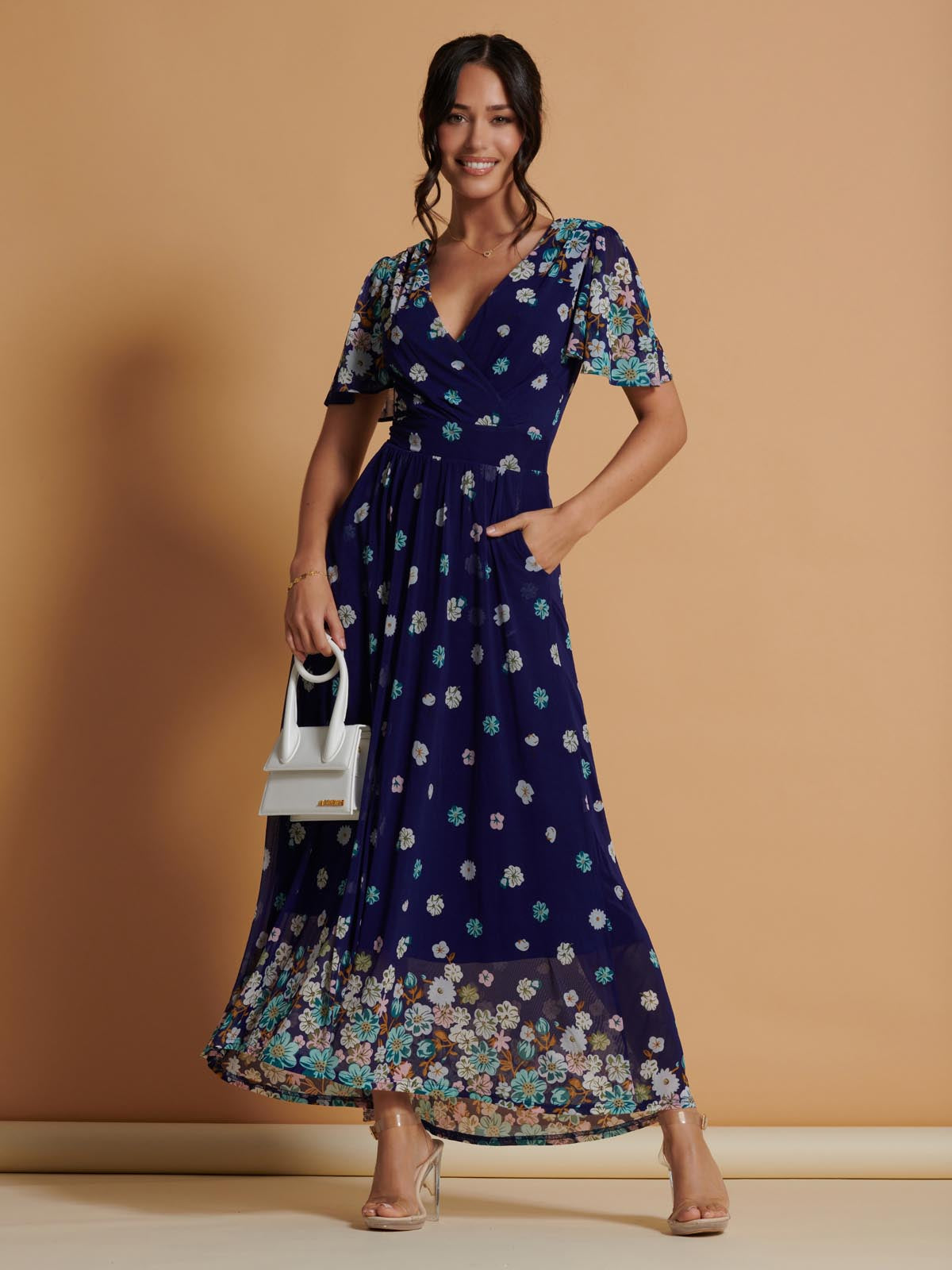 Mirrored Angel Sleeve Mesh Maxi Dress, Blue Floral
