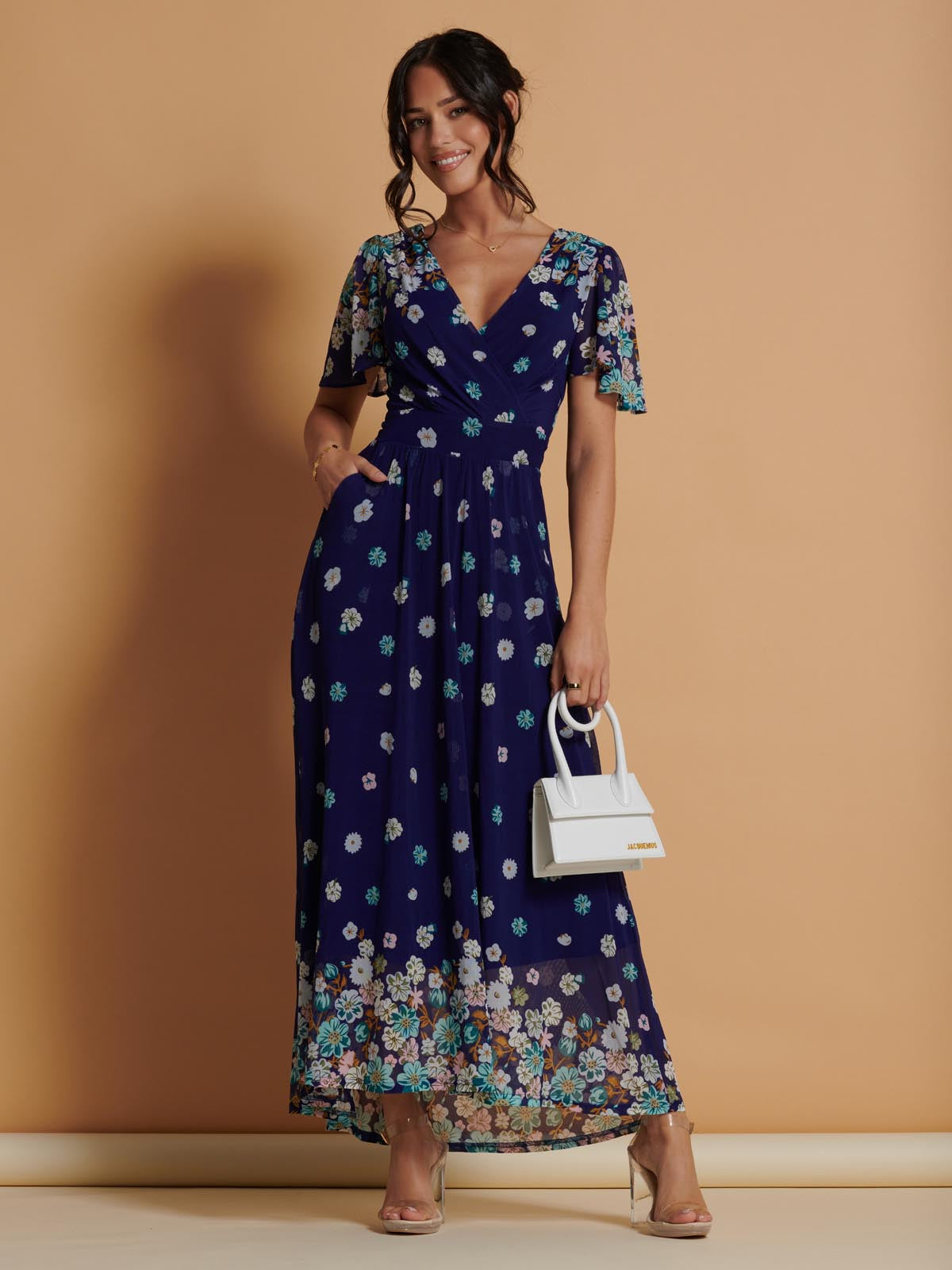 Mirrored Angel Sleeve Mesh Maxi Dress, Blue Floral