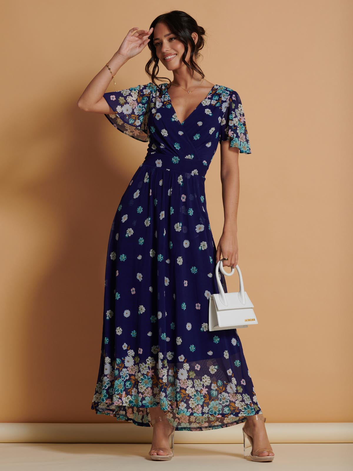 Mirrored Angel Sleeve Mesh Maxi Dress, Blue Floral