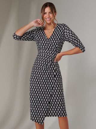 3/4 Sleeve Wrap Shift Dress, Black Geo
