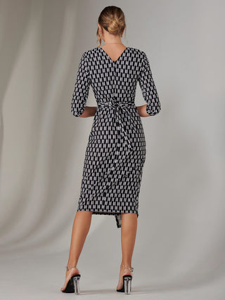 3/4 Sleeve Wrap Shift Dress, Black Geo