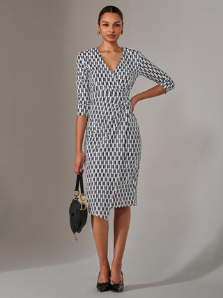 3/4 Sleeve Wrap Shift Dress, White Geo