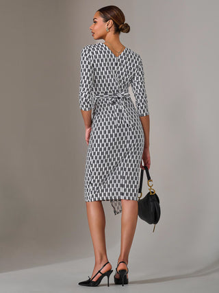 3/4 Sleeve Wrap Shift Dress, White Geo